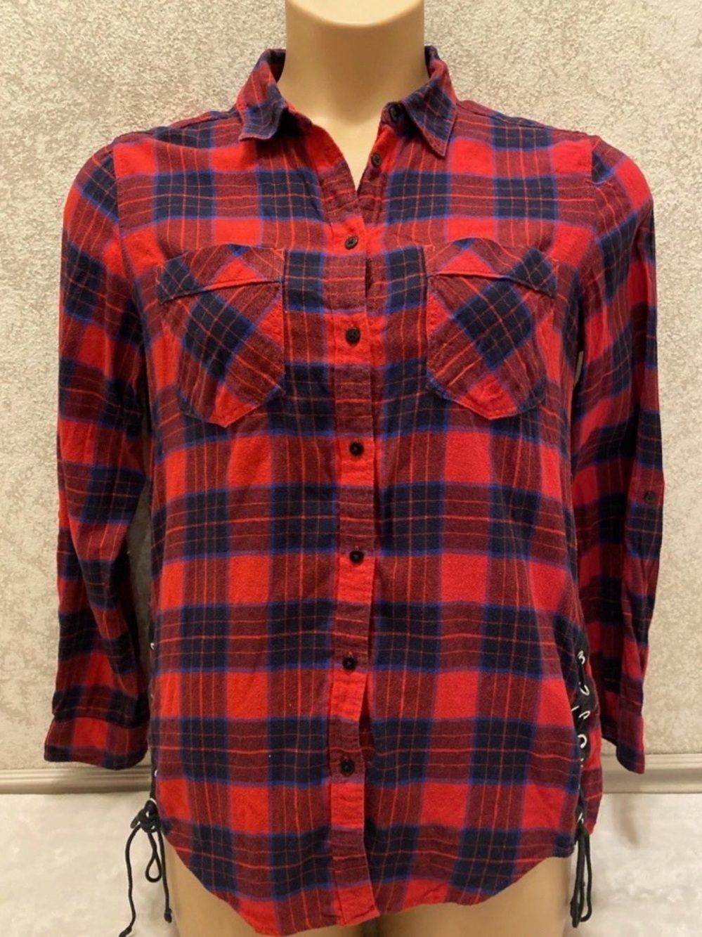 Express Red and Navy Plaid Button-Down Shirt With Lace Up Sides
